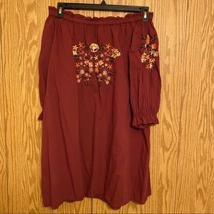 Justify, Maroon, Off Shoulder, Floral Embroidery Boho dress XL